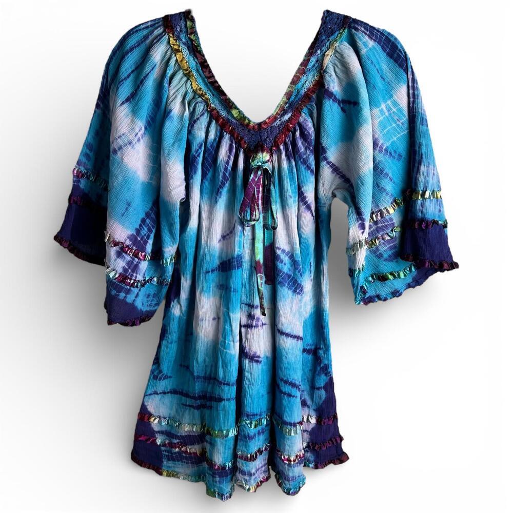 Bohemian Tie-Dye Peasant Tunic with Bell Sleeves - Picture 2 of 5